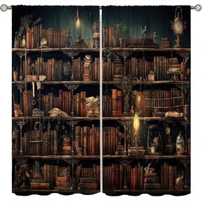 Vintage Bookshelf Curtain,Modern Art Floral Rose Mid Century Bookshelf Drapes Bookcase Rod Pocket Window Treatment Decor for Kids Study Bedroom Living Room Curtains 21x45in,2 Panel Set