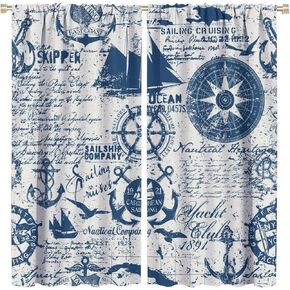 Nautical Blackout Curtain Aviation Nautical Ocean Sailing Curtains Darkening Rod Pocket Cafe Drapes for Kitchen Bedroom Living Room Dining Room Office 42x45 in