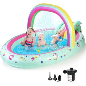 SULIFEEL Rainbow Unicorn Inflatable Play Center Kiddie Pool with Slide and Sprinkler for Children, 8ft x 5ft x 9.5in Baby Pool for Backyard and Garden, Free Inflatable Pump (Rainbow)