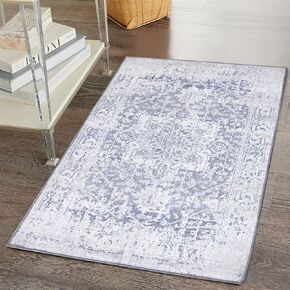RoomTalks Flatweave Ultra Thin Vintage Entryway Rug 2’x3’ Non-Slip Heavy Duty TPR Backed, Ivory and Gray Oriental Front Door Mat Outdoor Indoor Entrance Boho Distressed Entry Porch Rug Decor