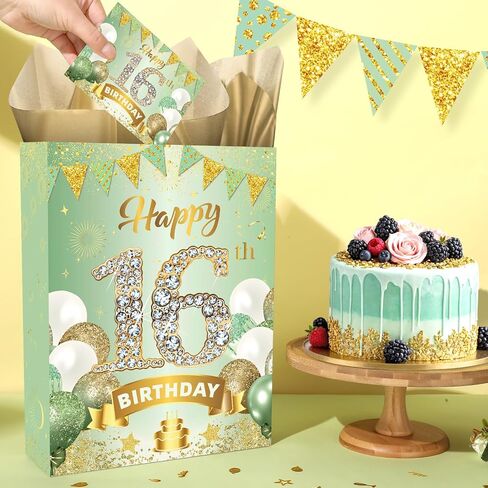 Sage Green 16th Birthday Decorations for Girls Green Gold 16th Birthday Gift Bag with Tissue Paper and Card Sweet 16 Gifts for Girls Happy 16th Wrapping Paper Bag for 16th Birthday Party Decorations in Saudi Arabia