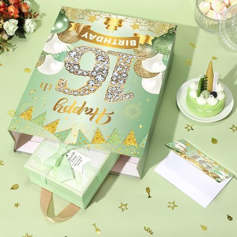 Sage Green 16th Birthday Decorations for Girls Green Gold 16th Birthday Gift Bag with Tissue Paper and Card Sweet 16 Gifts for Girls Happy 16th Wrapping Paper Bag for 16th Birthday Party Decorations in Saudi Arabia