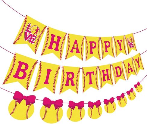 JOYMEMO Softball Themed Birthday Decorations for Girls, Happy Birthday Banner, Fast Pitch Garland Sports Player Party Supplies Pink and Yellow in Saudi Arabia
