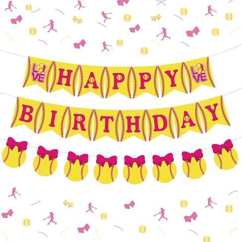 JOYMEMO Softball Themed Birthday Decorations for Girls, Happy Birthday Banner, Fast Pitch Garland Sports Player Party Supplies Pink and Yellow in Saudi Arabia