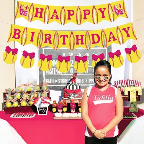 JOYMEMO Softball Themed Birthday Decorations for Girls, Happy Birthday Banner, Fast Pitch Garland Sports Player Party Supplies Pink and Yellow in Saudi Arabia
