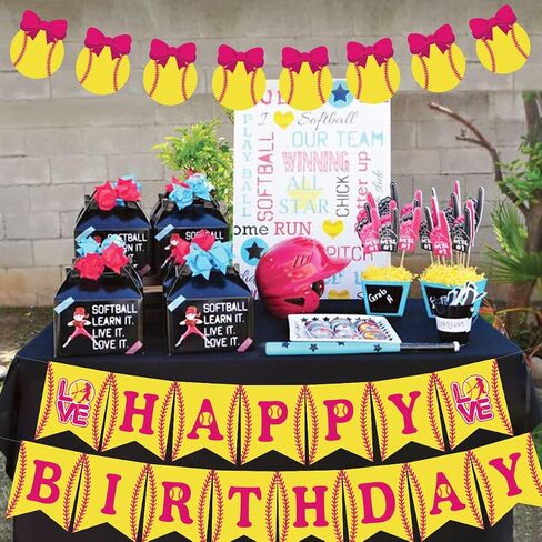 JOYMEMO Softball Themed Birthday Decorations for Girls, Happy Birthday Banner, Fast Pitch Garland Sports Player Party Supplies Pink and Yellow in Saudi Arabia