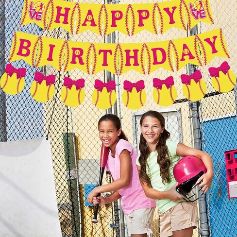 JOYMEMO Softball Themed Birthday Decorations for Girls, Happy Birthday Banner, Fast Pitch Garland Sports Player Party Supplies Pink and Yellow in Saudi Arabia