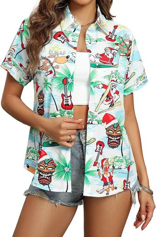 قمصان KIDDAD النسائية لعيد الميلاد لشهر يوليو، قميص هاواي سانتا كلوز بأزرار سفلية وأكمام قصيرة وأزرار لأعلى in Kuwait