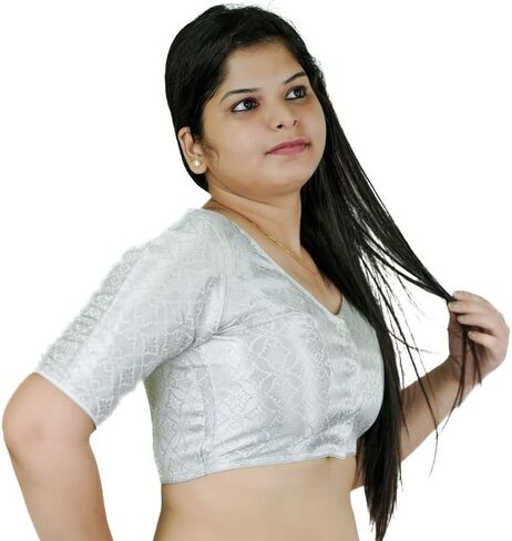 Womens Readymade blouse Silver- Banarasi Brocade Blouse choli-Saree blouse for women readymade Indian blouses in Saudi Arabia