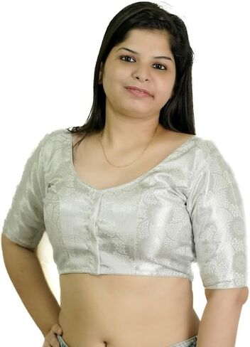 Womens Readymade blouse Silver- Banarasi Brocade Blouse choli-Saree blouse for women readymade Indian blouses in Saudi Arabia