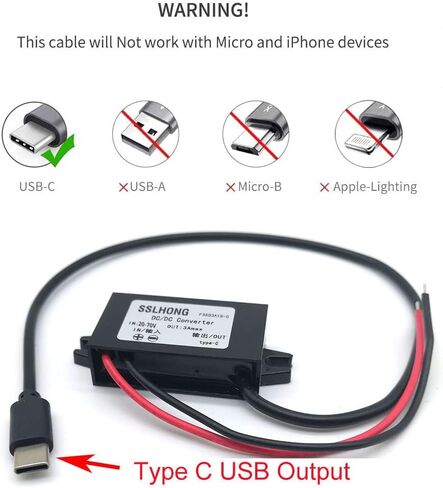 محول USB DC 20-72 فولت إلى 5 فولت 12 فولت 24 فولت 36 فولت 48 فولت 60 فولت إلى 5 فولت 3 أمبير 15 وات مع محول طاقة مخرج USB من النوع C، منظم جهد باك، وحدة تنحى، محول مقاوم للماء (النوع C) in Kuwait