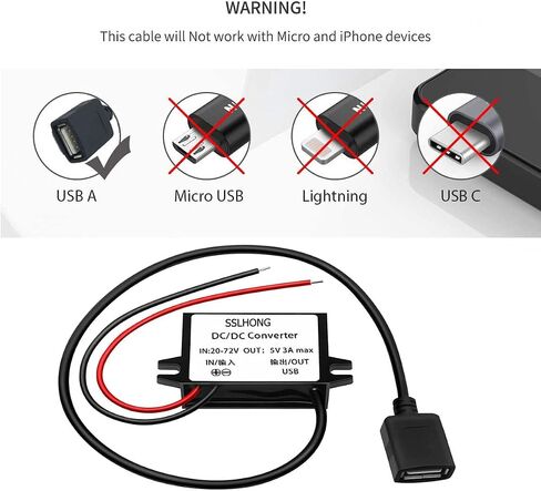 محول USB DC 20-72 فولت إلى 5 فولت 12 فولت 24 فولت 36 فولت 48 فولت 60 فولت إلى 5 فولت 3 أمبير 15 وات مع محول طاقة مخرج USB من النوع C، منظم جهد باك، وحدة تنحى، محول مقاوم للماء (النوع C) in Kuwait