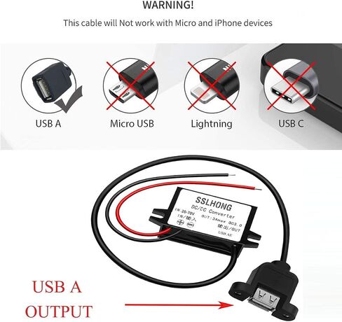 محول USB DC 20-72 فولت إلى 5 فولت 12 فولت 24 فولت 36 فولت 48 فولت 60 فولت إلى 5 فولت 3 أمبير 15 وات مع محول طاقة مخرج USB من النوع C، منظم جهد باك، وحدة تنحى، محول مقاوم للماء (النوع C) in Kuwait