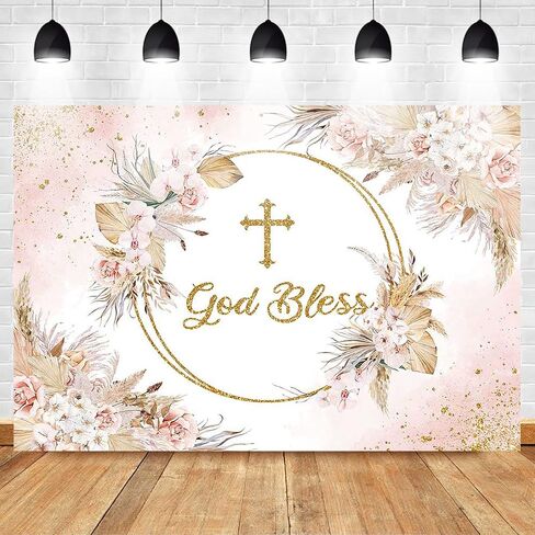 Mocsicka Boho God Bless Backdrop Baptism Bohemian Pampas Grass Blush Baby Shower Party Decorations Photo Backdrops Boho Floral First Holy Communion Christening Photography Background (5x3ft) in Saudi Arabia