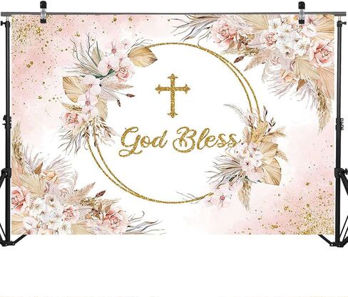 Mocsicka Boho God Bless Backdrop Baptism Bohemian Pampas Grass Blush Baby Shower Party Decorations Photo Backdrops Boho Floral First Holy Communion Christening Photography Background (5x3ft) in Saudi Arabia