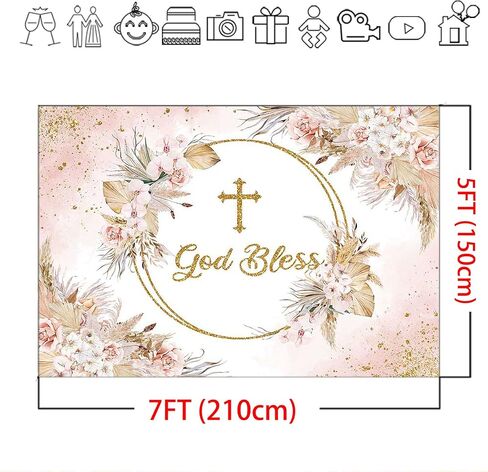 Mocsicka Boho God Bless Backdrop Baptism Bohemian Pampas Grass Blush Baby Shower Party Decorations Photo Backdrops Boho Floral First Holy Communion Christening Photography Background (5x3ft) in Saudi Arabia