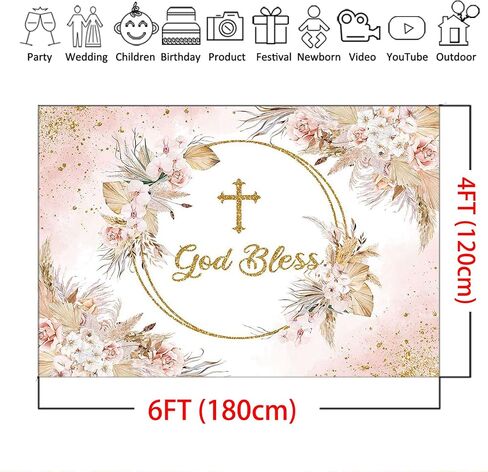 Mocsicka Boho God Bless Backdrop Baptism Bohemian Pampas Grass Blush Baby Shower Party Decorations Photo Backdrops Boho Floral First Holy Communion Christening Photography Background (5x3ft) in Saudi Arabia