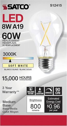ساتكو مصابيح LED خافتة للضوء، S12415، لومن عالي، 8 وات، A19؛ واضح؛ قاعدة متوسطة؛ 3000 كيلو؛ 90 كري؛ 120 فولت للاستخدام في المناطق السكنية والضيافة والعرض والتجارية (6 مصابيح LED) in Kuwait