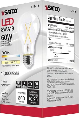 ساتكو مصابيح LED خافتة للضوء، S12415، لومن عالي، 8 وات، A19؛ واضح؛ قاعدة متوسطة؛ 3000 كيلو؛ 90 كري؛ 120 فولت للاستخدام في المناطق السكنية والضيافة والعرض والتجارية (6 مصابيح LED) in Kuwait