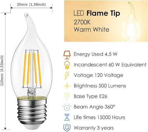 LVWIT Flame Tip LED Filament Bulb Candelabra E26 Base Dimmable 4.5W (60W Equivalent) B11 Chandelier Candle Light Bulb，2700K Warm White 6-Pack in Kuwait