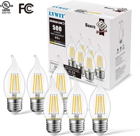 LVWIT Flame Tip LED Filament Bulb Candelabra E26 Base Dimmable 4.5W (60W Equivalent) B11 Chandelier Candle Light Bulb，2700K Warm White 6-Pack in Kuwait