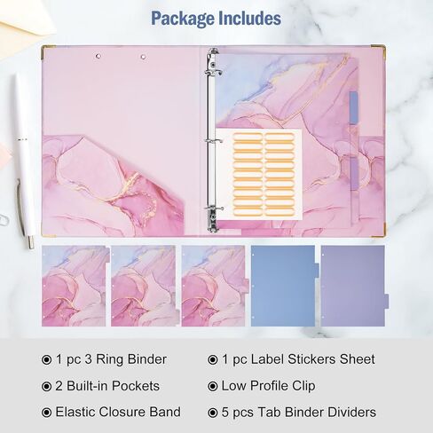 SITHON 3 Ring Binder 1 Inch, Cute Binder for Letter Size(11" x 8.5") with 5 Tab Dividers, File Folder Labels, Elastic Band and Low Profile Hardcover Clipboards for School Office Supplies (Marble Pink) in Saudi Arabia