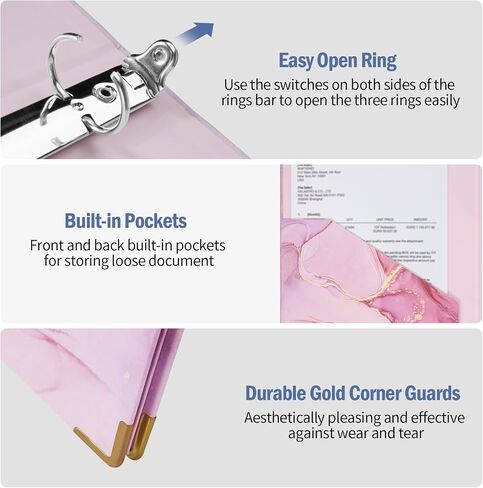SITHON 3 Ring Binder 1 Inch, Cute Binder for Letter Size(11" x 8.5") with 5 Tab Dividers, File Folder Labels, Elastic Band and Low Profile Hardcover Clipboards for School Office Supplies (Marble Pink) in Saudi Arabia