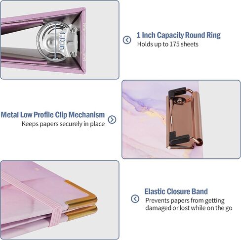SITHON 3 Ring Binder 1 Inch, Cute Binder for Letter Size(11" x 8.5") with 5 Tab Dividers, File Folder Labels, Elastic Band and Low Profile Hardcover Clipboards for School Office Supplies (Marble Pink) in Saudi Arabia