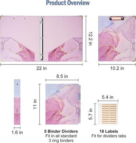 SITHON 3 Ring Binder 1 Inch, Cute Binder for Letter Size(11" x 8.5") with 5 Tab Dividers, File Folder Labels, Elastic Band and Low Profile Hardcover Clipboards for School Office Supplies (Marble Pink) in Saudi Arabia