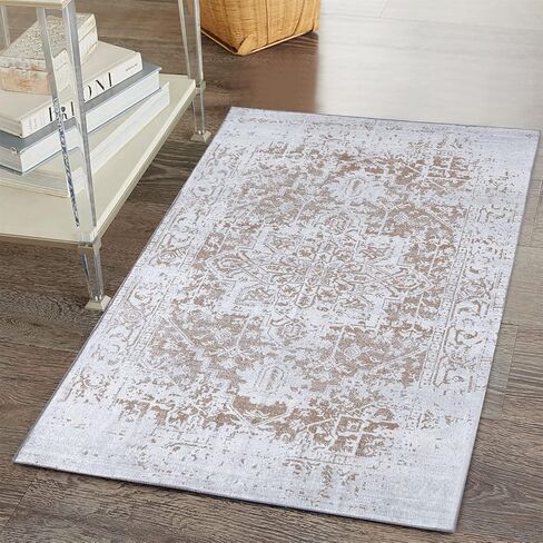 RoomTalks Flatweave Ultra Thin Vintage Entryway Rug 2’x3’ Non-Slip Heavy Duty TPR Backed, Ivory and Gray Oriental Front Door Mat Outdoor Indoor Entrance Boho Distressed Entry Porch Rug Decor in Saudi Arabia