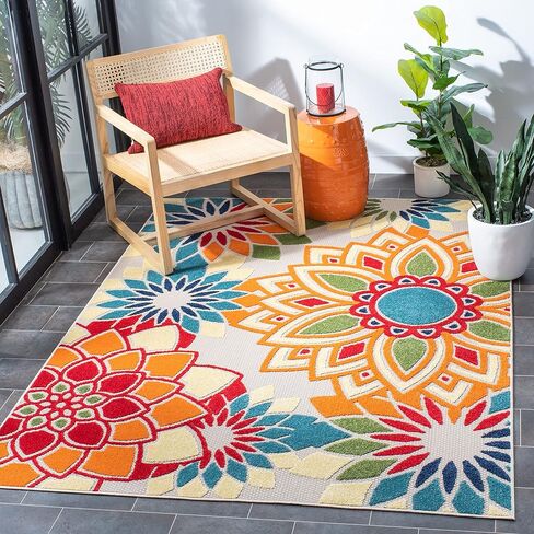 SAFAVIEH Cabana Collection 2' 2' x 5' Ivory / Orange CBN328A Floral Indoor/ Outdoor Easy Cleaning Patio Backyard Mudroom Accent Rug in Saudi Arabia