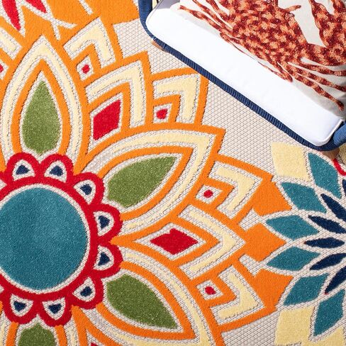 SAFAVIEH Cabana Collection 2' 2' x 5' Ivory / Orange CBN328A Floral Indoor/ Outdoor Easy Cleaning Patio Backyard Mudroom Accent Rug in Saudi Arabia