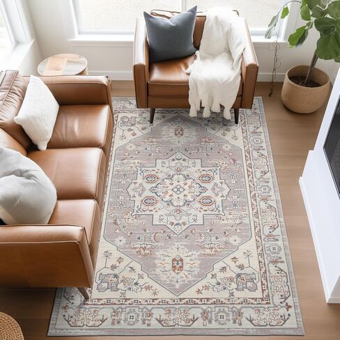 QBSM Washable Area Rug 3x5 Boho Entryway Rug Vintage Throw Rug Indoor Non-Slip Low-Pile Carpet Ultra Soft Rug for Living Room Bedroom Kitchen Laundry Room Office, Beige/Brown in Saudi Arabia