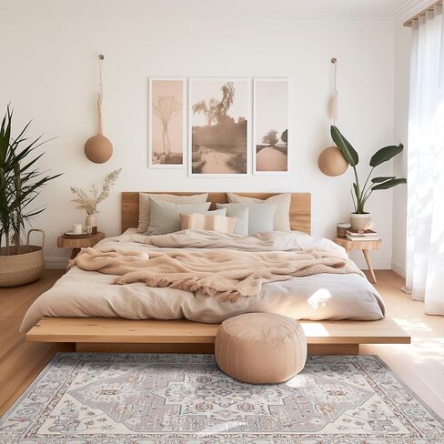 QBSM Washable Area Rug 3x5 Boho Entryway Rug Vintage Throw Rug Indoor Non-Slip Low-Pile Carpet Ultra Soft Rug for Living Room Bedroom Kitchen Laundry Room Office, Beige/Brown in Saudi Arabia