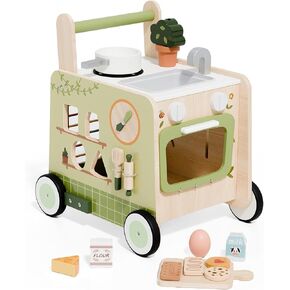 Baby Push Walker -Wooden Push Walker Montessori Toy- Toddler Learning Activity Walker for Girls Boys 1-3 Years - Pretend Kitchen Playset Ideal for Toddlers（Green ）