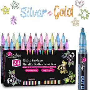 24 Double Line Outline Markers,Colors Super Squiggles Shimmer Outline Marker Set, Self Outline Metallic Glitter Doodle Drawing Markers Pens for Card Making, Christmas Greeting Card, DIY Art Crafts