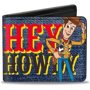 Buckle-Down Men's Disney Wallet, Bifold, Toy Story Woody Hey Howdy Denim Print Blues Yellow Red Brown, Vegan Leather, 4.0" x 3.5"