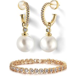 Christmas Gift Gold Bracelets and Pearl Hoop Earrings for Women Sets