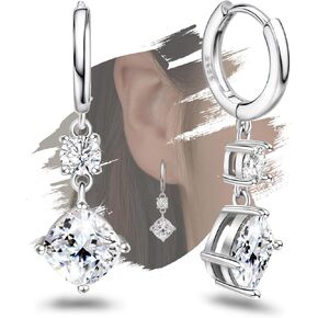 Dangle Hoop Earrings with 9MM Charm White Gold Plated Sterling Silver 2.75ct CZ Drop Earrings Hypoallergenic Shiny Diamond Cubic Zirconia Huggie Earrings Jewelry Gift for Women Birthday Wedding