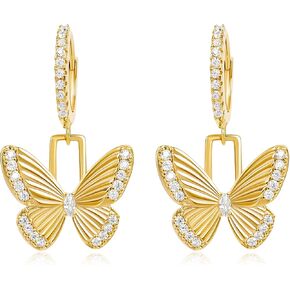 Gold Dangle Butterfly Earrings for Women 14K Gold Plated Cubic Zirconia Butterfly Huggie Hoop Earrings Elegant Drop Intersect Fairy CZ Textured Butterfly Earrings Trendy Summer Jewelry Gift for Girls