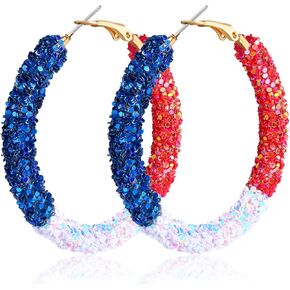 Rhinestone Hoop Earrings for Women Handmade Glitter 4th of July Dangle Earring Patriotic Independence Day Circle Sequins Statement, Red White Blue