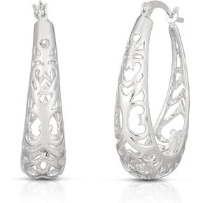 Savlano 925 Sterling Silver Vintage Filigree Hoop Earrings-18K Gold Plated Oval Shape Hoop Earrings for Women & Girls Made in Italy Comes with Gift Box