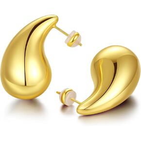 Teardrop Chunky Hoop Earrings for Women Girls, 18K Plated 925 Sterling Silver Post Gold Silver Lightweight Tear Drop Dangle Huggie Earring Dupes