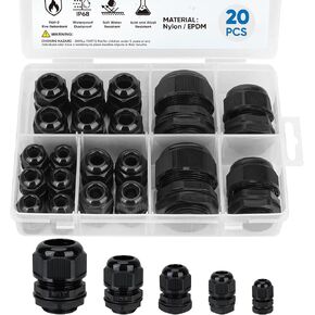TICONN 20 Pcs IP68 Waterproof Cable Gland Kit Nylon NPT Adjustable Cable Connectors Assortment 1/4" 3/8" 1/2" 3/4" 1“ for Waterproof Junction Box Wire Pannel (Black, 20 Pcs)