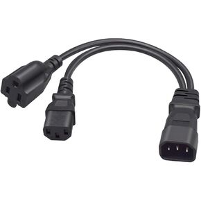 0.32M/1FT IEC320 C14 to C13+1-15R US Socket Y Splitter Power Cable Cord，2 in 1,c14 to c13 and c14 to 1-15r Applicable to Computer Host Server Equipment
