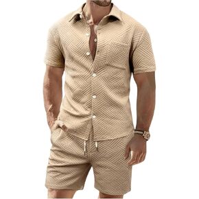 SOLY HUX Men's 2 Piece Outfits Textured Short Sleeve Button Down Shirt and Drawstring Shorts Set