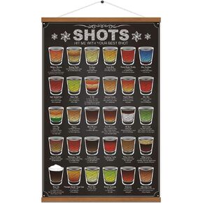 WEROUTE 30 Shots Mixology Canvas Print Poster Cocktail Recipes Infographic Drink Designed Bar Pub Themed Kitchen Home Wall Decor 15.7 X 27 Inch (with Hanger Scroll Frame)