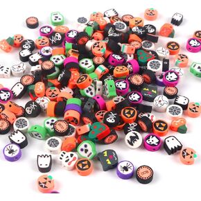 200PCS Random Halloween Polymer Clay Beads Heishi Spacer Beads Fall Halloween Clay Bead Set Assorted Pumpkin Ghost Spider Bat Clay Beads for Bracelet Necklace Earring DIY