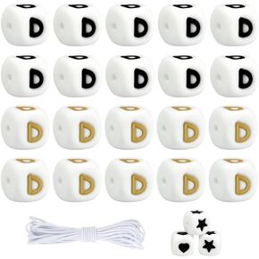 35pcs Silicone Letter Beads S with Box, 12mm Silicone Beads for Keychain Making, Large Square Black/Gold Letter Beads for Bracelets, Heart and Star Pattern Beads with Elastic Strings
