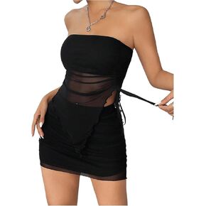 Verdusa Women's Y2K Mesh Skirt Sets 2 Piece Outfit Split Tube Top with Skirt in Kuwait